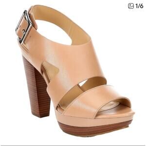 MICHAEL Michael Kors Carla Leather Platform Sandal in a taupe or nude color.